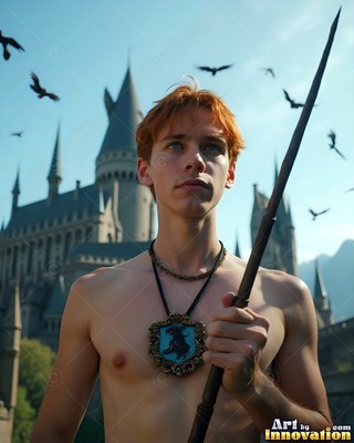 Holding a wooden staff, a shirtless redheaded man stands before a castle with birds above