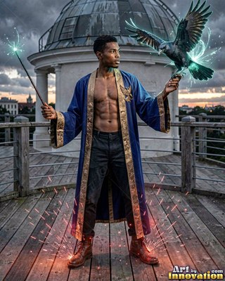 A man in a plain blue robe holds a wand and a raven on a rooftop terrace