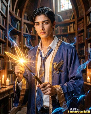 Wearing a blue robe, a young man has in his hands a sparkling magic wand in a library full of books