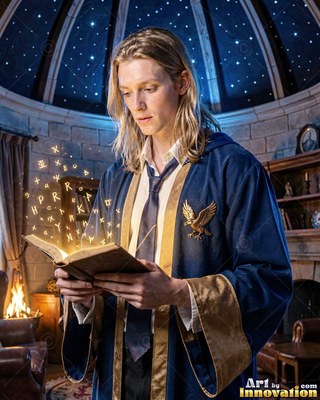 A blond man reads an open spellbook in a blue robe lit by warm yellow light