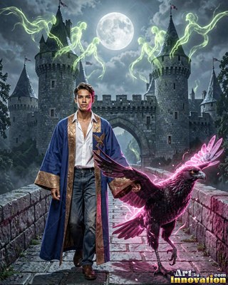 Walking on a castle bridge, a young man in a blue robe guides a large black raven
