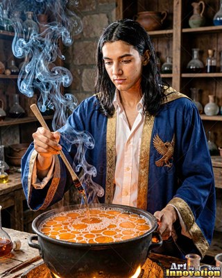 A young man in a blue robe stirs an orange brew in a black iron pot