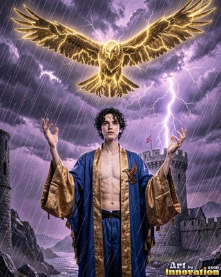 In a rainy courtyard, a young man raises his hands beneath a golden lightning bird