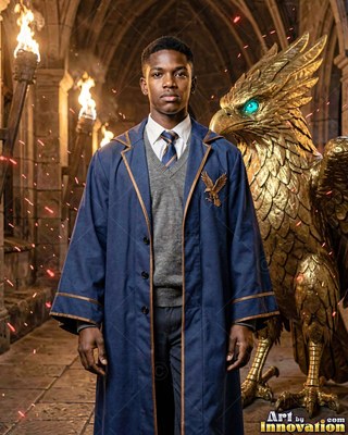 Standing in a stone hall, a young Black man wears blue robes beside a golden bird statue