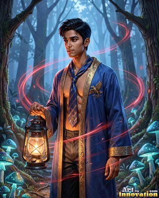 A man in a bright blue robe holds a lantern in dark woods