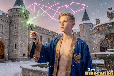 A young blond man casts pink spark shapes from his wand in a snowy castle courtyard