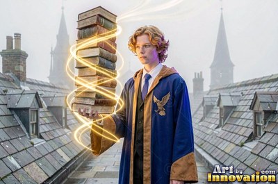 A young man in blue robes balances a tall stack of floating books on a stone roof