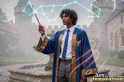 In a castle courtyard, a young man has in his hands up a wand while wearing blue robes