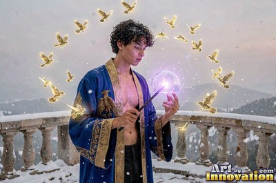 Holding a wand, a young man in an open blue robe summons a bright purple orb in the snow