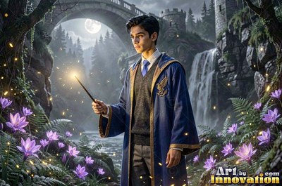 A young man in a blue robe holds a wand near a waterfall