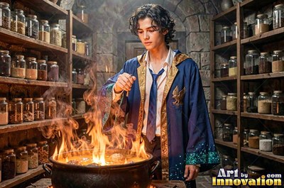 A young man in a blue robe stirs a flaming cauldron in a potion room lit by warm firelight