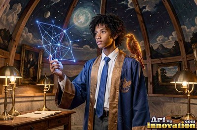 A young man in a blue robe holds a web of light with a small bird on his shoulder