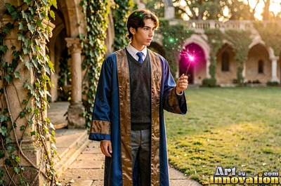 In a sunny stone courtyard, a young man holds a magic wand sparking pink light