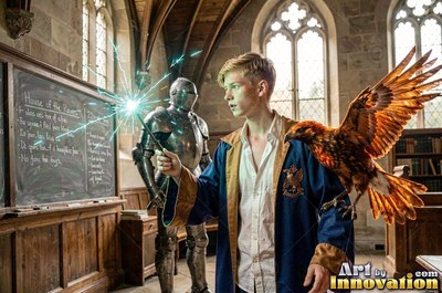 Casting a spell with a wand, a young man in blue robes holds a raven in a stone room
