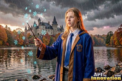 Young man in a blue robe holds a wand by a lake in the rain