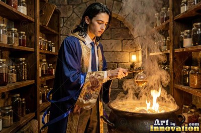 Wearing a blue robe with gold trim, a young man brews a fiery potion in a stone cellar