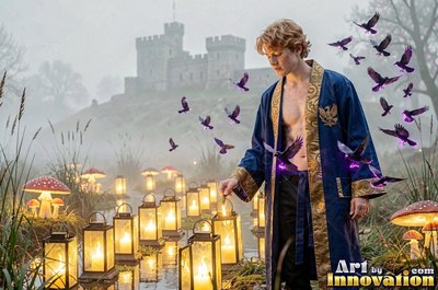 A man in an open blue robe lights small lanterns by a pond in misty light