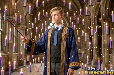 Facing forward in a stone hall, a young man in blue robes holds a wand