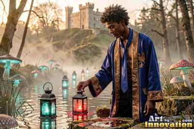 A man in a blue robe places lit lanterns in a misty pond near a castle