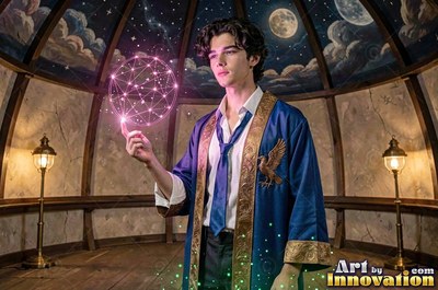 Under a painted dome, a young man in a blue robe holds a pink geometric sphere