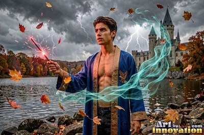 Holding a spark wand, a shirtless young man in a blue robe stands by a lake