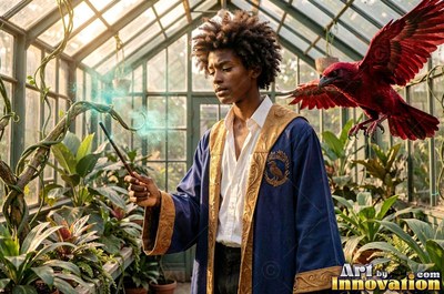 Wearing a blue robe with gold trim, a young man has in his hands a wand in a greenhouse as a red raven flies by