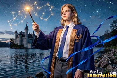 Standing by a lake, a blond young man raises a lit wand before a castle