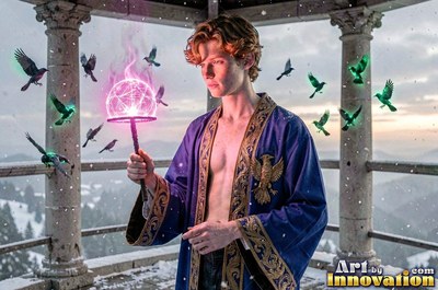 A red-haired man in a blue robe holds a bright wand while birds fly around him