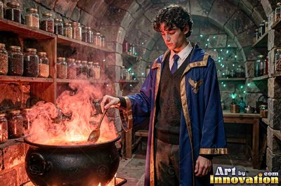 In a stone potion room, a young man in a blue robe stirs a fiery cauldron