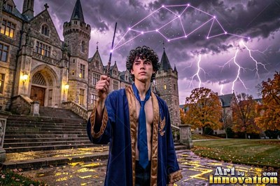 Holding up a wand, a young man in a clear blue robe casts light before a castle