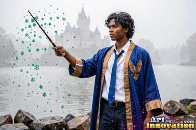 A young man in a blue robe points a wand near a misty lake
