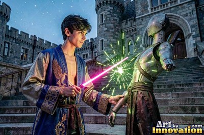 Wearing an open blue robe, a young man touches a sword to a metal dummy outside a stone castle