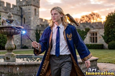 A blond man points his wand beside a perched raven, lit by bright blue sparks