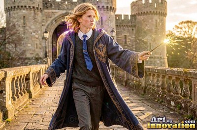 Walking on a stone bridge, a young blond man in a blue robe points a wand