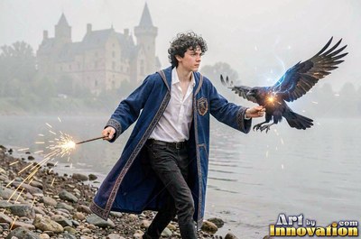 A young man in a blue robe casts sparks from a wand near a flying raven