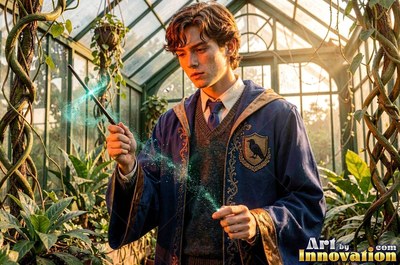 In a bright greenhouse, a young man in blue wizard robes holds a wand sparking with green light
