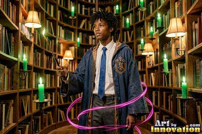 Holding a wand, a young man in blue robes stands in a library with green candles