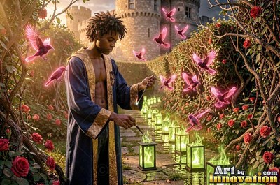 A young man in a blue robe lights green lanterns near pink birds