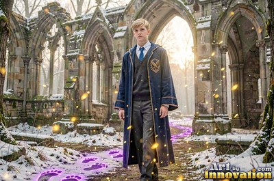 Wearing a long blue robe, a blond man stands in snowy stone ruins near bright purple footprints