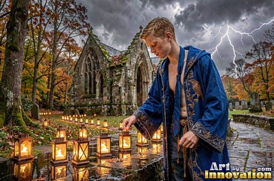 A young man in a blue robe lights small lanterns outside an old stone church in stormy weather