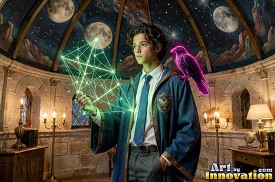 In a stone dome room, a young man clasps green light lines near a pink raven