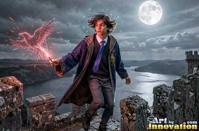 Casting a pink raven with a wand, a young man walks castle walls by moonlight