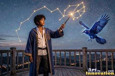 Young man in a blue robe points a wand beside a flying raven