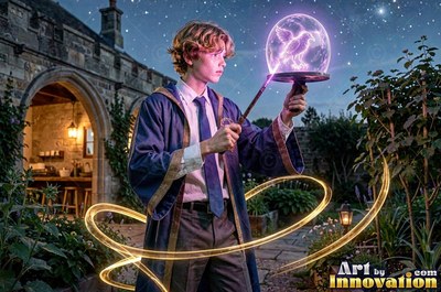 A man in a blue robe points a wand at a glass dome with a bright bird in a stone courtyard