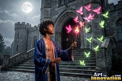 A man holds a flaming torch by a stone castle as bright pink birds fly up