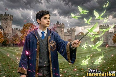 Turned to the side outside a stone castle, a young man points a wand making green birds
