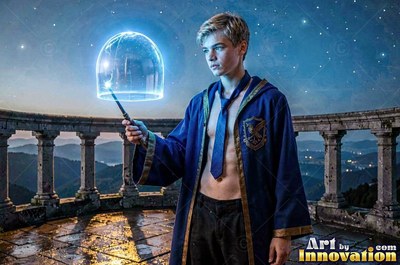 A young blond man in a bright blue robe holds a wand shining with blue light on a stone balcony
