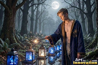 Holding a sparking wand, a shirtless man in an open blue robe stands by lanterns in the dark