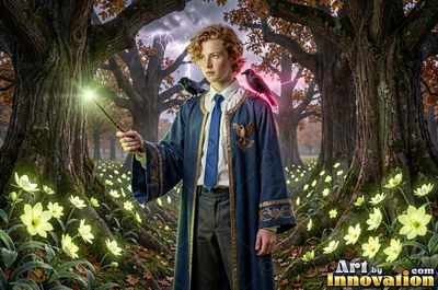 A young man in a blue wizard robe holds a wand with two ravens