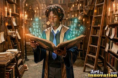 Wearing a blue tie, a young man reads a magic spellbook in a warm library